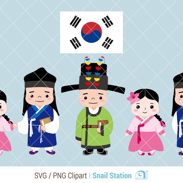 Characters dressed in traditional Korean clothes /Cute Boy and Girl Couple Graphic design, oriental style image, pretty korean character