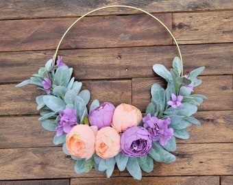 Lamb's Ear Peony Wreath, Hoop Ring Wreath, Spring Wreath, Summer Wreath, Spring Decor, Metal Wreath, Home Decor, Front Door Wreath, Peony