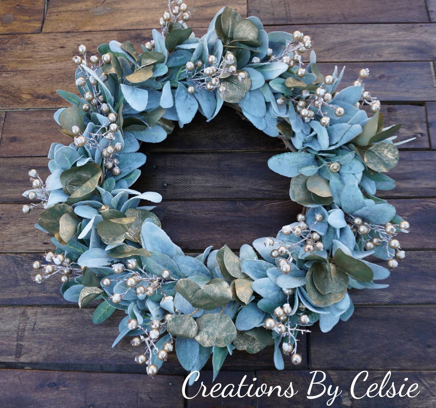Lamb's Ear Wreath, Lamb's Ear Winter Wreath With Berries, Holiday Wreath, Gold Berry Wreath