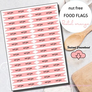May include: Printable sheet of 24 pastel orange "nut free" food flags. The flags are in a banner shape with white text on a pink background. The text "nut free FOOD FLAGS Pastel orange Instant Download" is visible at the top of the sheet.
