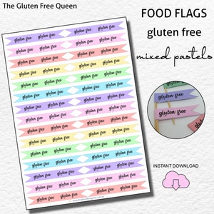 May include: A printable sheet of 24 pastel-colored gluten-free food flags. The flags are in a variety of pastel colors, including pink, blue, yellow, and green. The flags are all the same size and shape, and they have the words "gluten free" written on them in a black cursive font. The sheet is titled "FOOD FLAGS gluten free mixed pastels" and includes the text "INSTANT DOWNLOAD".