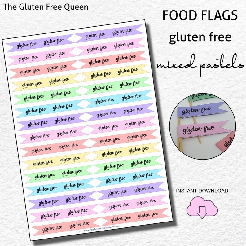 May include: A printable sheet of 24 pastel-colored gluten-free food flags. The flags are in a variety of pastel colors, including pink, blue, yellow, and green. The flags are all the same size and shape, and they have the words "gluten free" written on them in a black cursive font. The sheet is titled "FOOD FLAGS gluten free mixed pastels" and includes the text "INSTANT DOWNLOAD".
