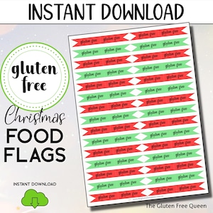May include: Printable Christmas food flags with the text "gluten free" in black text on a red and green background. The flags are designed to be used as food labels for gluten-free dishes.