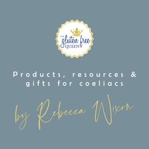 May include: A gold logo with a crown and the text "The Gluten Free Queen" on a blue background. The text below the logo reads "Products, resources & gifts for coeliacs by Rebecca Wixom".