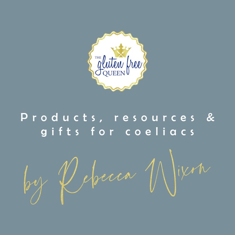 May include: A gold logo with a crown and the text "The Gluten Free Queen" on a blue background. The text below the logo reads "Products, resources & gifts for coeliacs by Rebecca Wixom".