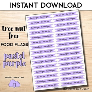Puede incluir: Etiquetas de alimentos imprimibles en color lila pastel con el texto "tree nut free" repetido en cada etiqueta. Las etiquetas están diseñadas para ser utilizadas como banderas de alimentos.