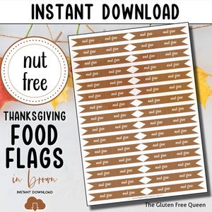 Può includere: Bandierine per cibo di ringraziamento stampabili in marrone con il testo "senza noci" ripetuto 36 volte. Le bandierine sono progettate per essere utilizzate per etichettare gli alimenti a Thanksgiving.