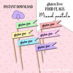 May include: Six pastel-colored food flags with the text "gluten free" printed on each flag. The flags are attached to wooden skewers. The background is a pink pattern with white stars.