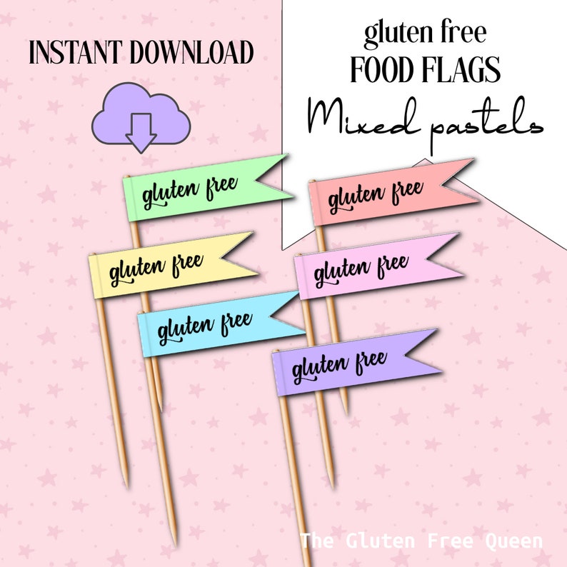 May include: Six pastel-colored food flags with the text "gluten free" printed on each flag. The flags are attached to wooden skewers. The background is a pink pattern with white stars.
