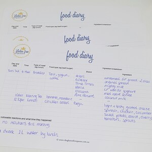 Könnte beinhalten: Ein handgeschriebenes Ernährungstagebuch mit einem glutenfreien Logo. Das Tagebuch enthält Spalten für den Tag, die Uhrzeit, die Art der Mahlzeit, die Art des Essens, die Marke und die Aufschlüsselung der Zutaten. Das Tagebuch listet Frühstück, Morgentee und Mittagessen mit den Zutaten und Marken jeder Mahlzeit auf. Das Tagebuch enthält auch einen Abschnitt für bemerkenswerte Reaktionen und die Uhrzeit, zu der sie aufgetreten sind.
