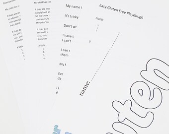 May include: A printable worksheet with instructions for making gluten-free playdough. The worksheet includes a list of ingredients and instructions for making the playdough. The worksheet also includes a section for the child to write their name and a section for the child to write a letter to a friend.