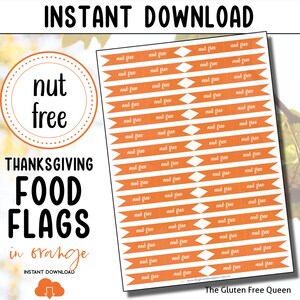 Könnte beinhalten: Druckbare orangefarbene und weiße Lebensmittelflaggen mit der Aufschrift "nussfrei" in Bannerform. Perfekt für Thanksgiving oder jede andere Jahreszeit.