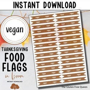 May include: Printable sheet of 36 brown vegan food flags. Each flag has the word "vegan" written in white text. The flags are designed for Thanksgiving.