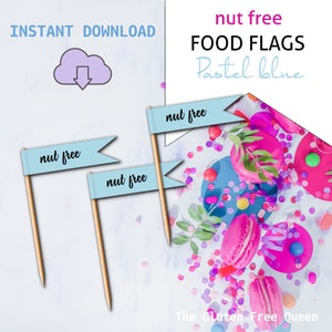 Könnte beinhalten: Drei pastellblaue Lebensmittelflaggen mit dem Text "nut free" in Schwarz gedruckt. Die Flaggen werden vor einem weißen Hintergrund mit rosa und blauen Macarons, Konfetti und Grünzeug angezeigt.