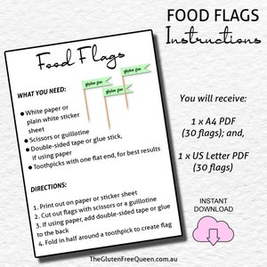 May include: Printable food flags with the text "gluten free" on them. The image shows instructions for how to make the flags using white paper, scissors, double-sided tape, and toothpicks. The image also includes a download icon.