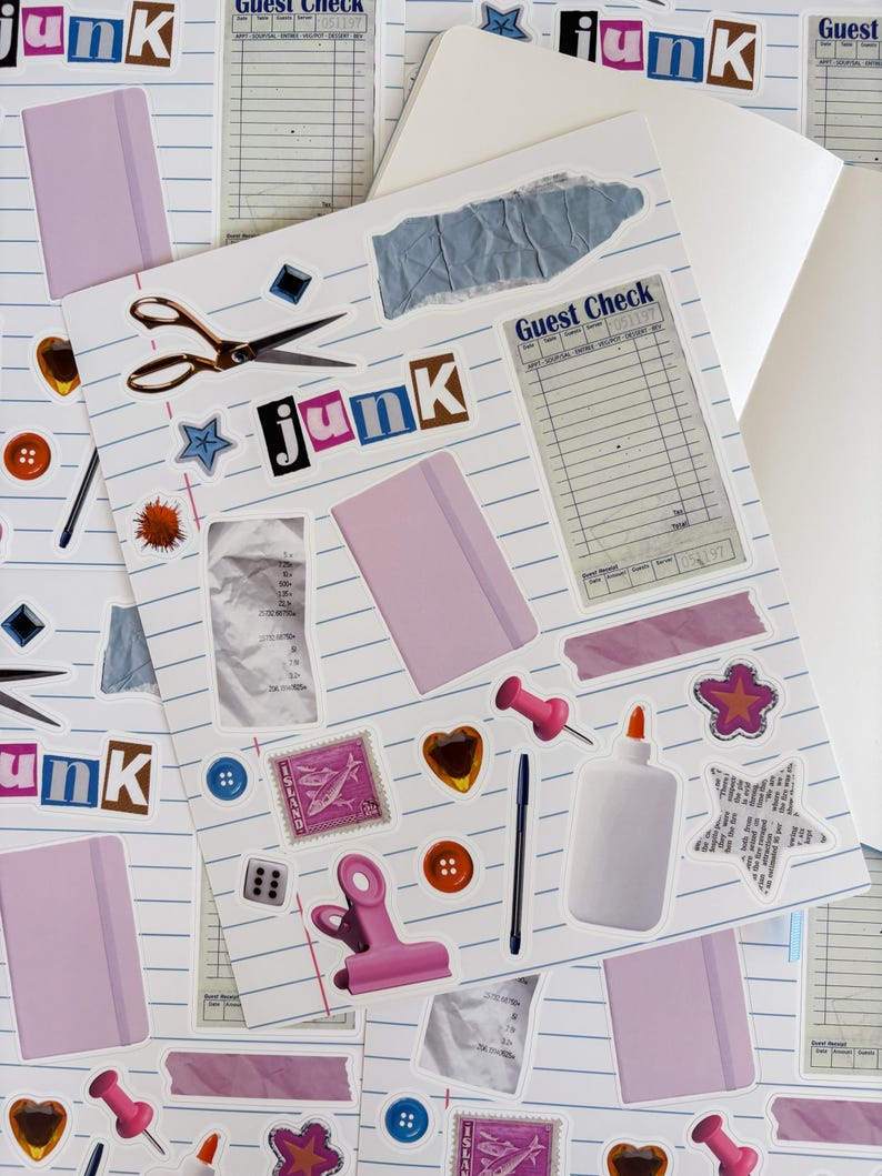 May include: A collage of stickers and stationery items on lined paper. Includes the word "junk" in colorful letters, pink notebooks, scissors, buttons, and a "Guest Check" sticker. Other stickers include stars, hearts, and a stamp.