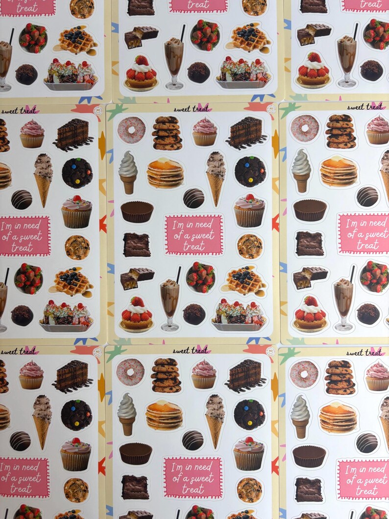 May include: Sticker sheets with illustrations of desserts, including waffles, cupcakes, and ice cream cones. The sheets also feature the phrases "sweet treat" and "I'm in need of a sweet treat" in a pink box. The stickers are colorful.