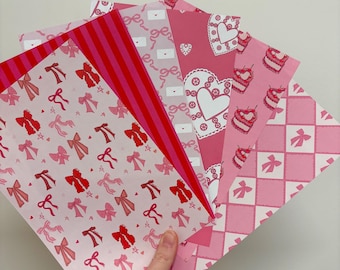 Pink Red Valentine Scrapbook Paper Pack – Bows, Hearts, Stripes Journaling Sheets
