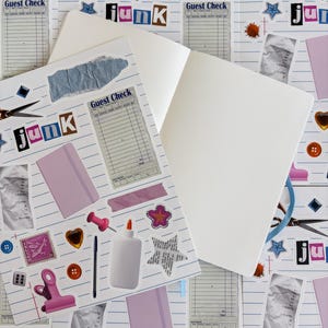May include: An open notebook with blank white pages, surrounded by decorative stickers and paper ephemera. The stickers include the word "junk", scissors, stars, receipts, and a "Guest Check" form. The background is a repeating pattern of lined paper.