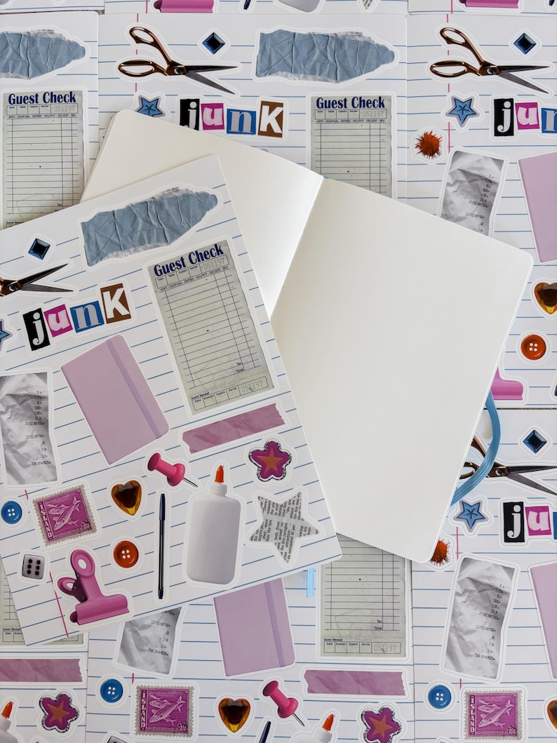 May include: An open notebook with blank white pages, surrounded by decorative stickers and paper ephemera. The stickers include the word "junk", scissors, stars, receipts, and a "Guest Check" form. The background is a repeating pattern of lined paper.
