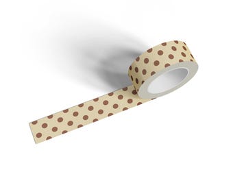 May include: A roll of adhesive tape with a light beige background and a repeating pattern of small, solid brown polka dots. The tape is partially unrolled, showing the circular core and a flat strip extending outward from the main roll.