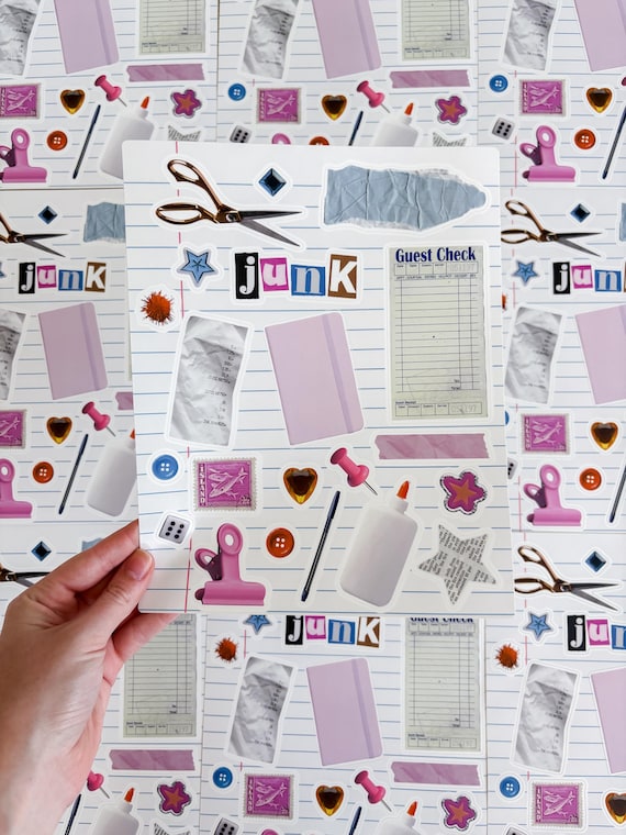 Junk Journal Sticker Sheet, Pink Vinyl Decals (8x10")