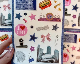 Chicago Sticker Sheet, 5x7 Glossy Vinyl, Journaling, Scrapbooking, CHI Souvenir