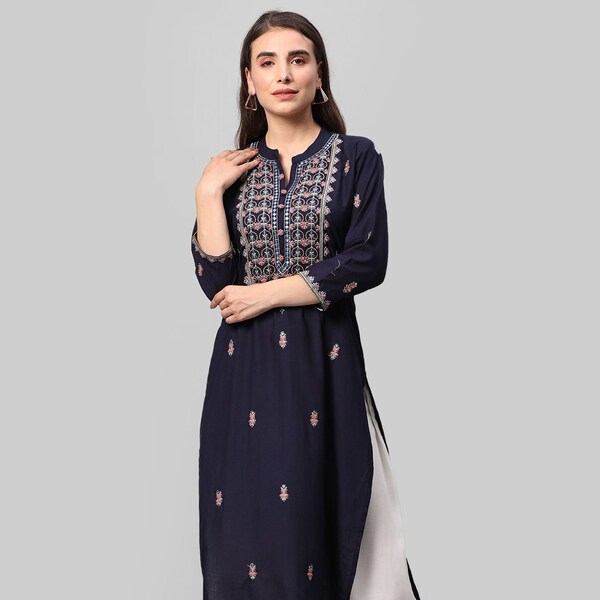 Indian Ethnic Designer party wear Women Embroidered Viscose Rayon Straight Kurta  for women ||Ethnic wear||Indian kurti ||Free Shipping ||