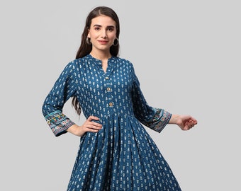 Designer Handblock  Viscose  Rayon Anarkali kurti/Long Gown for women & Girls||Designer Kurti Set||Frock style kurti||floral print free ship