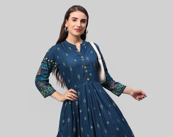 Indian Designer Style  Block Printed Anarkali Kurti Beautiful long Piece Rayon Kurti Readymade Ethnic wear dress For Wedding ,Gift for her