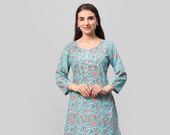 Indian Women Solid Cotton Blend Straight Kurta(Blue )for summer attractive stylish women kurti gift for her ethnic wear kurti jaipur print