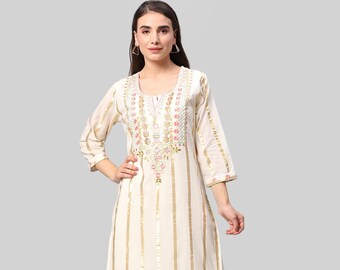 Women Embroidered,Striped Cotton Blend Straight Kurta(White),Festive kurti ,Partywear kurti Ethnic Cotton Designer Bollywood Kurta free ship