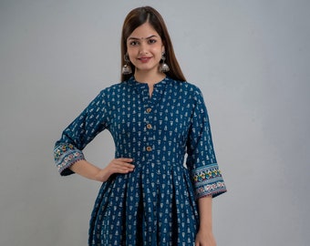 Premium Blue Long Flared Kurti, Printed Gown for women, one  piece Indian Ethnic Wear Dresses Readymade Size upto 3xl Gift for her free ship