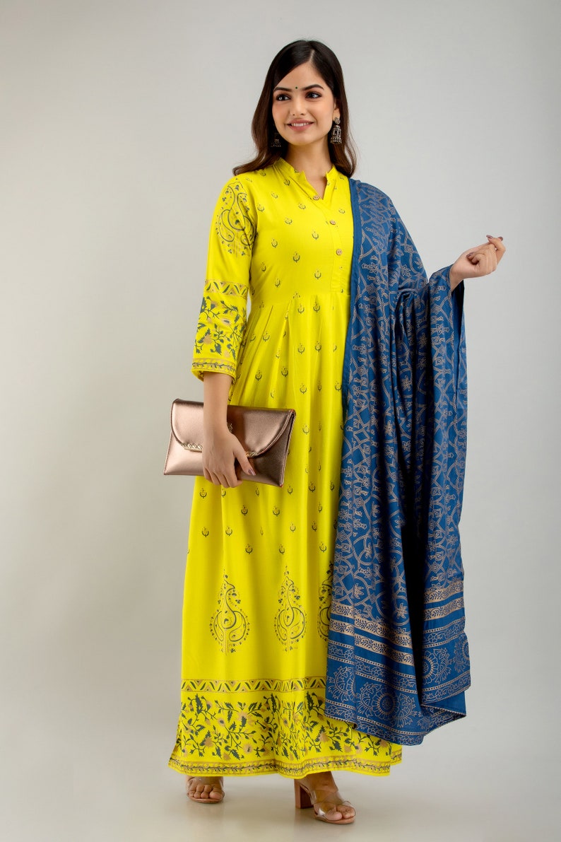 Plus size Anarkali ,Yellow Kurti with dupatta,Rayon anarkali kurta set ,kurti duptta set ,Indian dress ,Rayon kurta set,Maxi dress free ship image 4