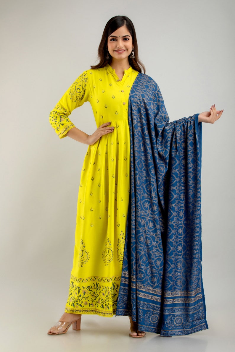 Plus size Anarkali ,Yellow Kurti with dupatta,Rayon anarkali kurta set ,kurti duptta set ,Indian dress ,Rayon kurta set,Maxi dress free ship image 2