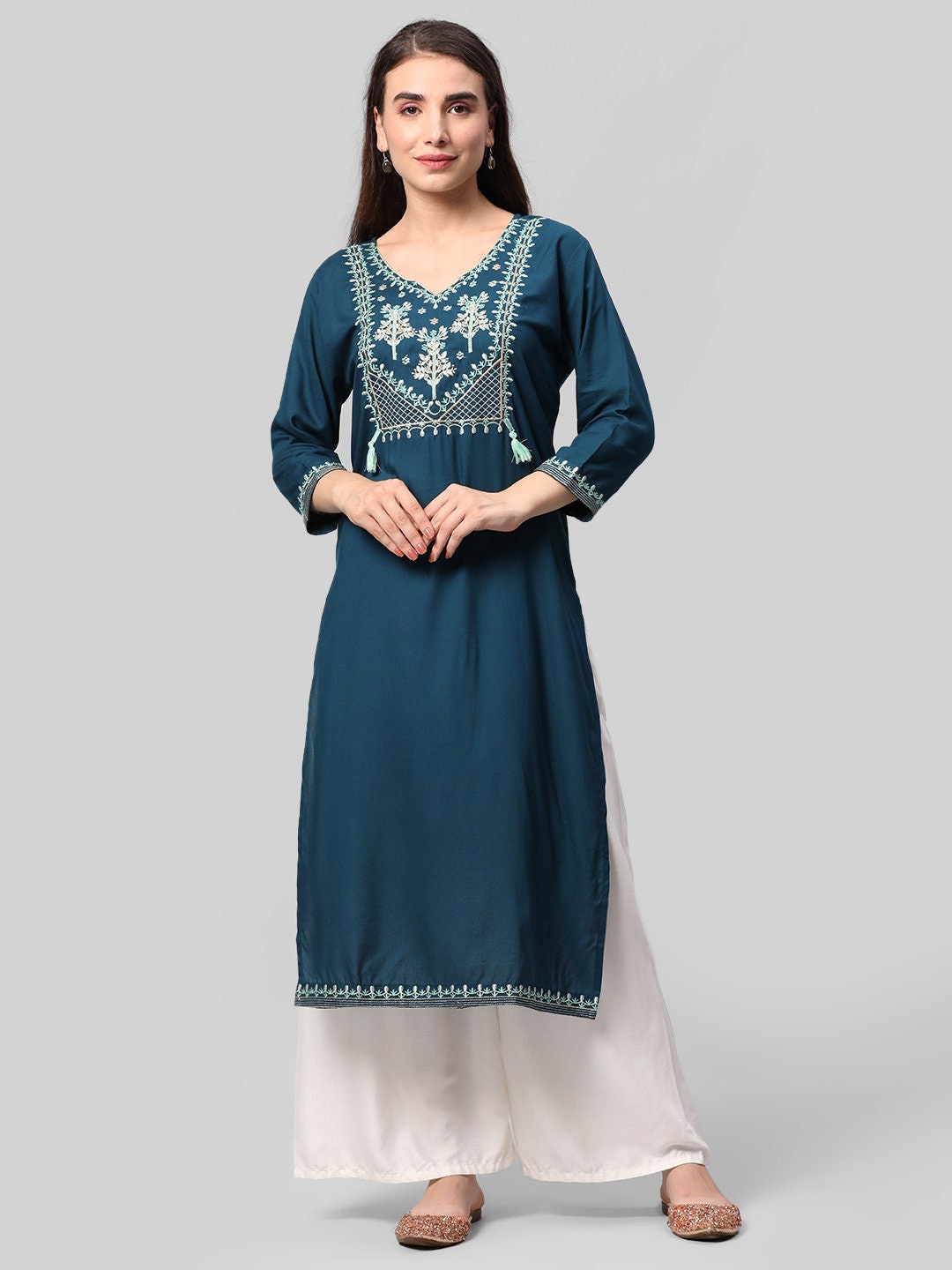 Aaysa Women Embroidered Viscose Rayon Straight Kurta blue Etsy