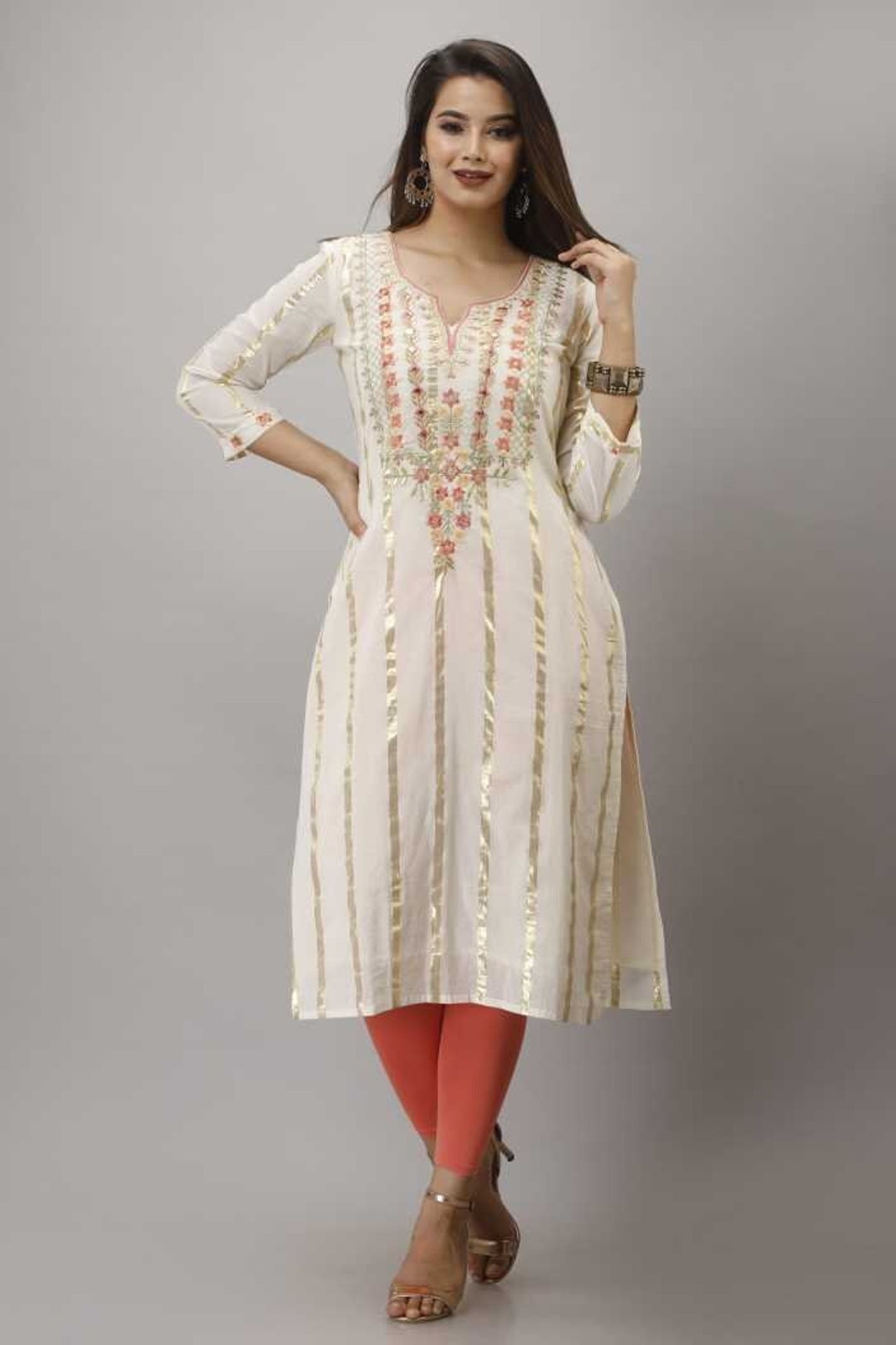 Aaysa Women Embroidered, Striped Cotton Blend Straight Kurta white Etsy