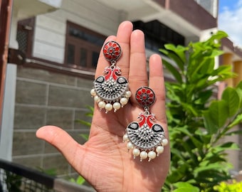 Bollywood Oxidized Silver Plated Light Weight Pearl drop Jhumka Earrings Jewelry women #gift for her #festive earring #free shipping