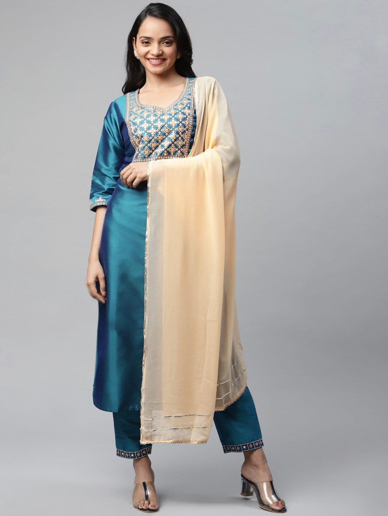 MULMUL SARAI EMBROIDERED STRAIGHT KURTA-PANT & DUPATTA SET main image 0