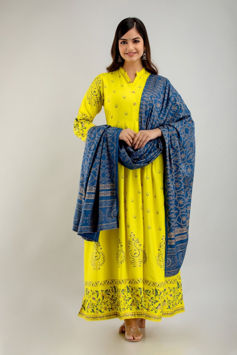 Plus size Anarkali ,Yellow Kurti with dupatta,Rayon anarkali kurta set ,kurti duptta set ,Indian dress ,Rayon kurta set,Maxi dress free ship image 1