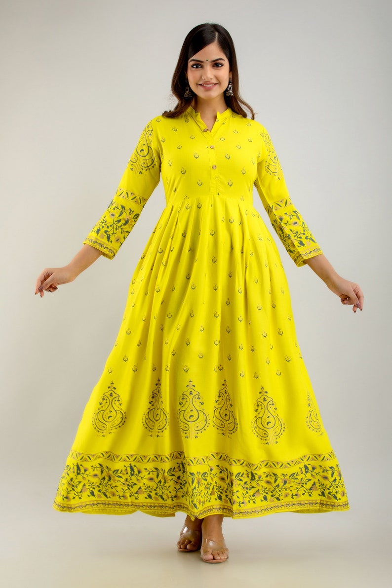 Plus size Anarkali ,Yellow Kurti with dupatta,Rayon anarkali kurta set ,kurti duptta set ,Indian dress ,Rayon kurta set,Maxi dress free ship image 3