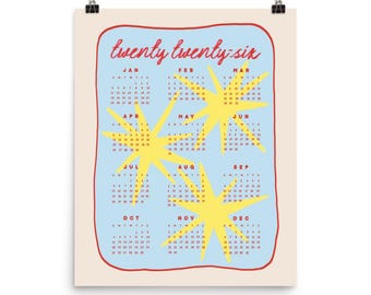 2026 Colorful Calendar | One Page Year at a Glance | Funky Wall Art Poster | Retro Office Decor | Fun Maximalist Gift