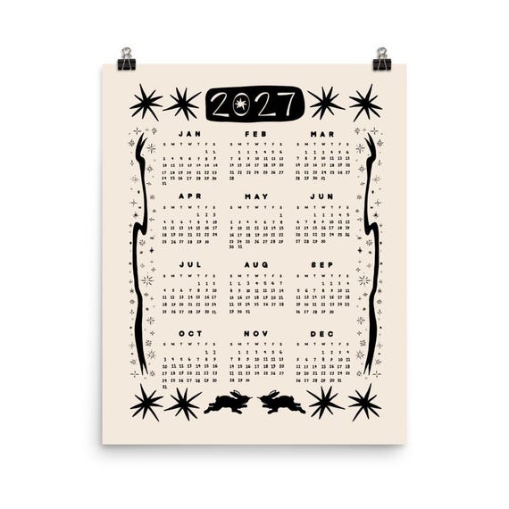 2027 Aesthetic Calendar | One Page Year at a Glance | Celestial Wall Art Poster | Trendy Office Decor | Cool Girl Gift Guide