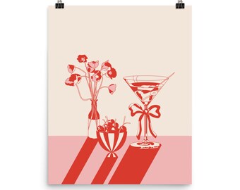 Girl Dinner Poster Illustration | Pink and Red Art | Martini Bow Cherries Print | Floral Artwork