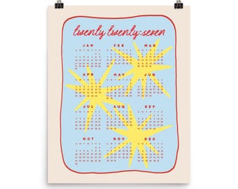 2027 Colorful Calendar | One Page Year at a Glance | Funky Wall Art Poster | Retro Office Decor | Fun Maximalist Gift