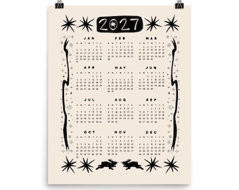 2027 Aesthetic Calendar | Printable One Page Year at a Glance | Celestial Wall Art Poster