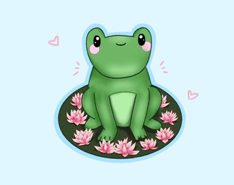 Adorable Frog Vinyl Sticker | Kawaii Frog Sitting on Lily Pad with Flowers, Shiny Sticker