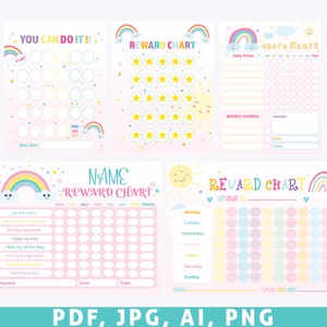 EDITABLE Rainbow Reward Chart, Rainbow Behavior Chart, Pastel Rainbow, Girl Rainbow, Daily Chore Chart, Printable, KDP