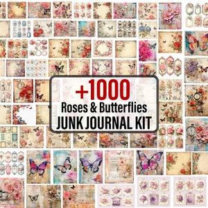 Junk Journal Roses and Butterflies printable kit, Shabby, Kit, Butterfly, Rose, Garden, Vintage, Summer Printable Ephemera Scrapbooking png