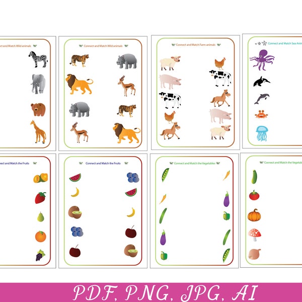 printable Animals Worksheets pdf, Zoo animals matching game, Farm Animal, Fruits, Vegetables worksheets, preschool pdf, Kids  Activities